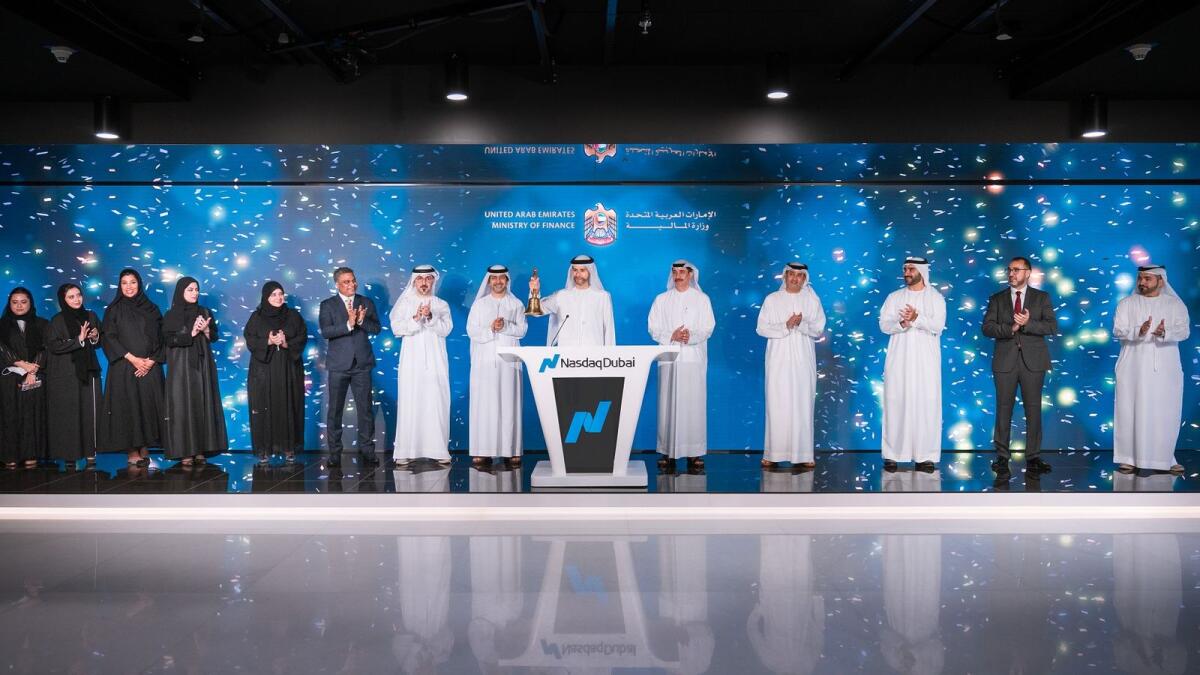 Mohammed bin Hadi Al Hussaini rang the market-opening bell to celebrate and mark listing the UAE sovereign bonds on Nasdaq Dubai. — Supplied photo