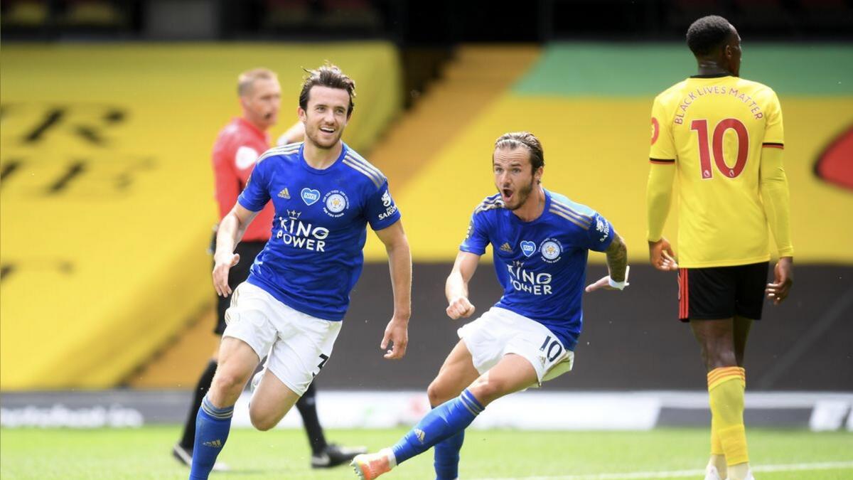 Leicester City's Ben Chilwell celebrates with James Maddison after scoring their first goal. - Reuters