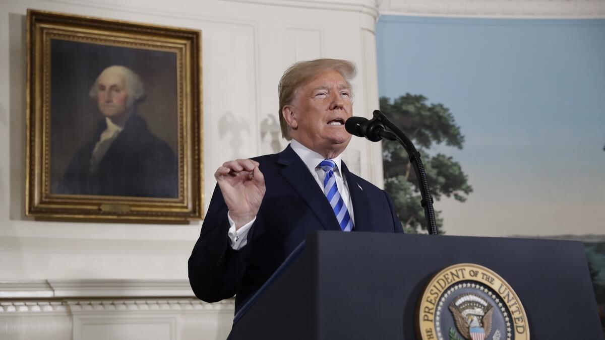 President Donald Trump delivers a statement on the Iran nuclear deal from the Diplomatic Reception Room of the White House in Washington.-AP 