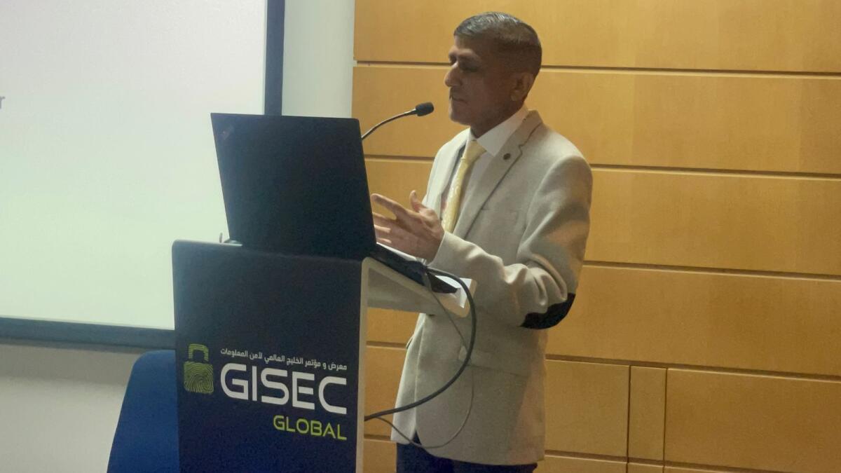 anaullah Abbassi, director-general, Federal Investigation Agency (FIA), addressing a conference organised by Gulf Information Security Expo &amp; Conference (Gisec) Global 2022 in Dubai recently. — Supplied photo