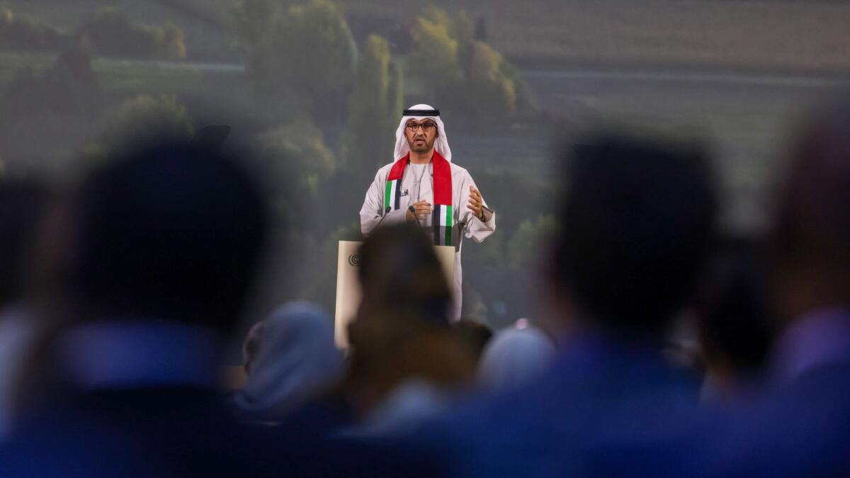 COP28 president Sultan Ahmed Al Jaber speaks during a meeting at the United Nations climate summit in Dubai. - AFP