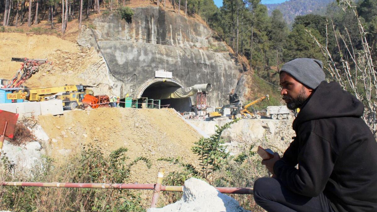 At the entrance of the under-constrcution Silkyara Tunnel during ongoing rescue operations — PTI