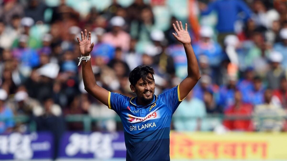 Sri Lankan cricketer Suranga Lakmal gestures during the first One day international (ODI) cricket match between India and Sri Lanka.- AFP