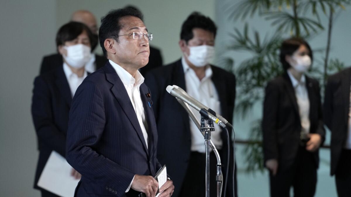 Japan's Prime Minister Fumio Kishida, speaks to media at the Prime Minister's official residence Friday, July 8, 2022, in Tokyo