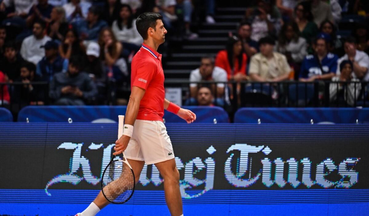 Novak Djokovic in action at the World Tennis League in Dubai. Photo by Rahul Gajjar