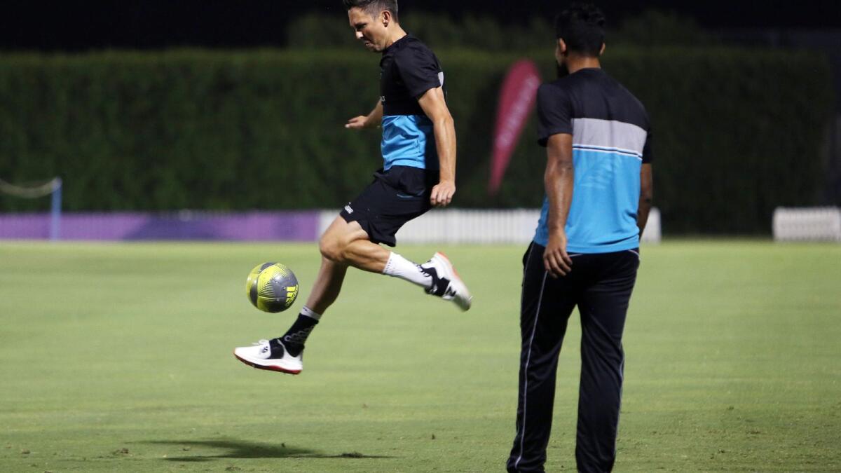 New Zealand's Trent Boult plays football during a training session in Dubai on Saturday.— ANI