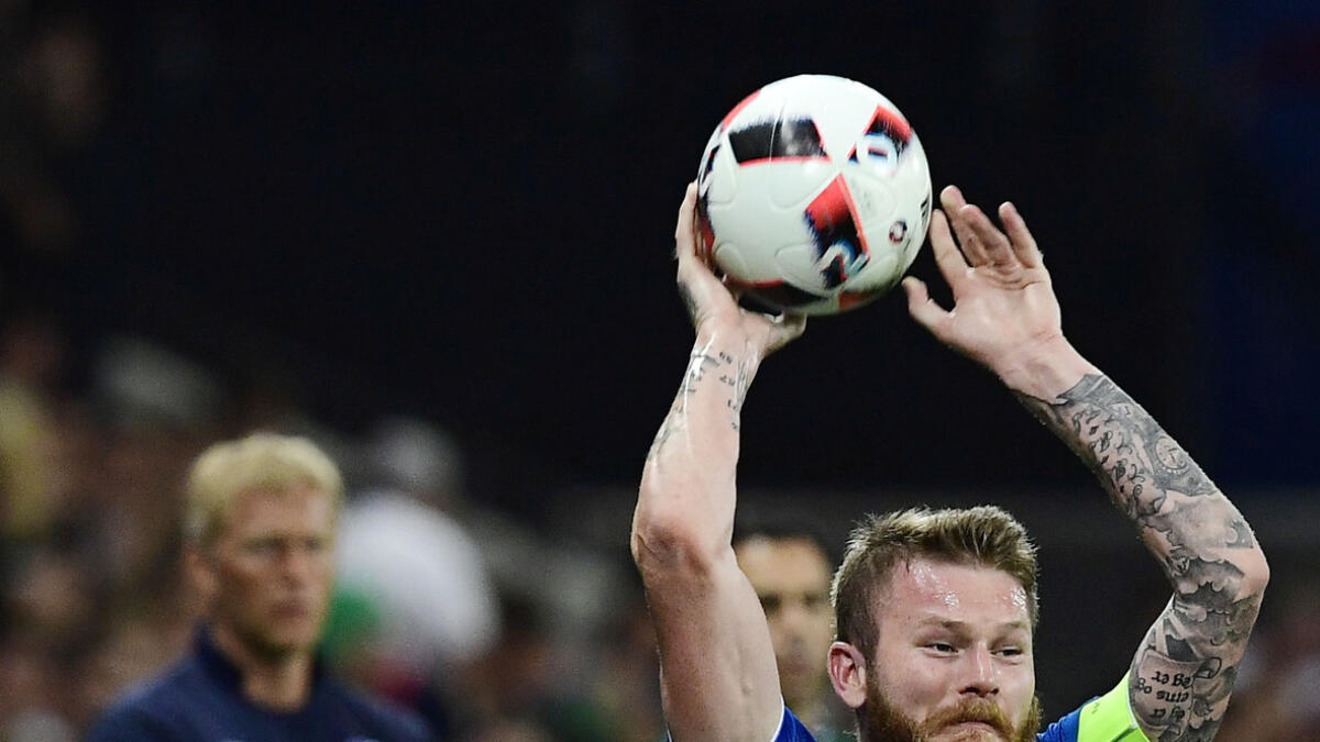 Iceland’s Gunnarsson throws the ball in during the Euro 2016 round of 16 match against England. — AFP