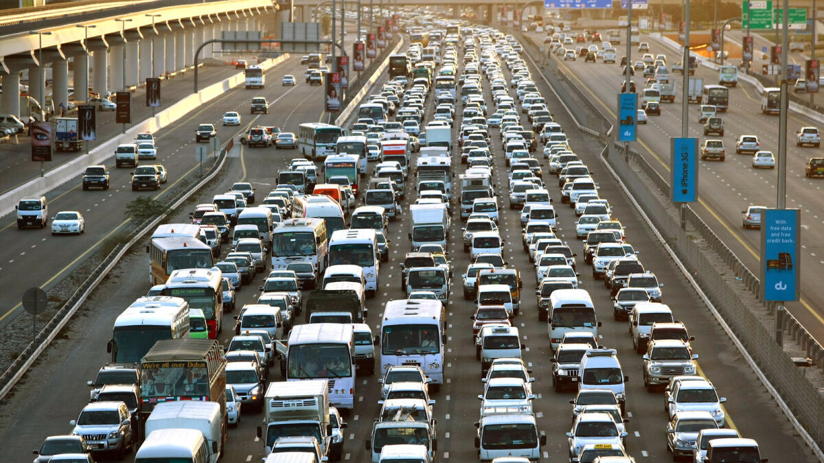 Traffic jam on Shaikh zayad road, from Abu Dhabi toward Dubai near Al Barsha toll gate.
