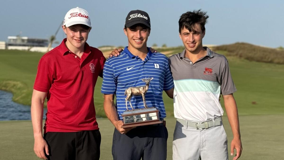The golfing Mukherjee brothers, left to right, Cameron, Sam and Oliver, competing in the recent Abu Dhabi Amateur Championship at Saadiyat Beach Golf Club won by Sam. = Supplied photo