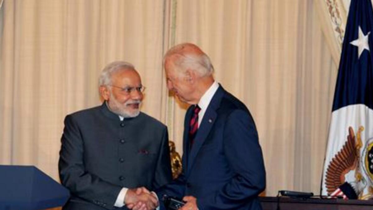 In this October 1, 2014 file image Prime Minister Narendra Modi greets the then US Vice President Joe Biden in Washington DC.  - PTI