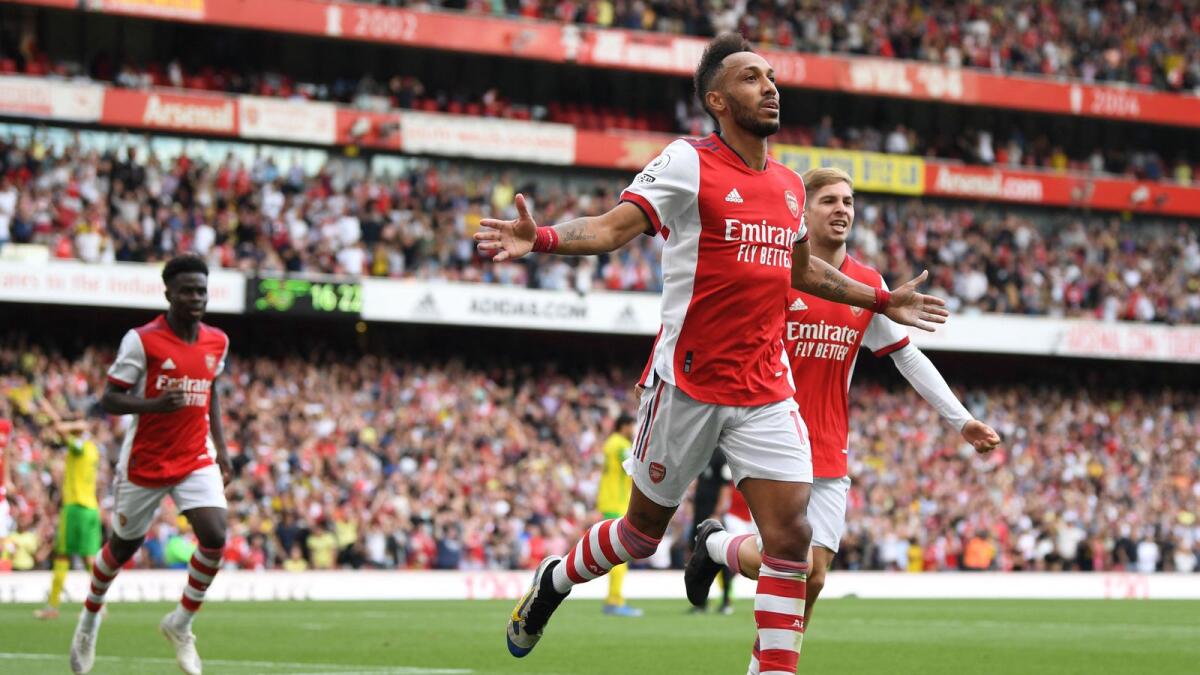 Arsenal's Gabonese striker Pierre-Emerick Aubameyang celebrates his goal againsr Norwich City. — AFP