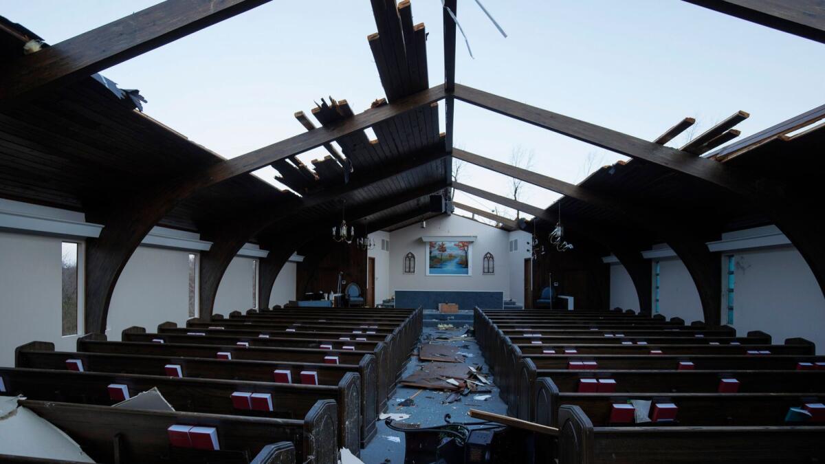 Interior view of tornado damage to Emmanuel Baptist Church on December 11, 2021 in Mayfield, Kentucky. Photo: AFP
