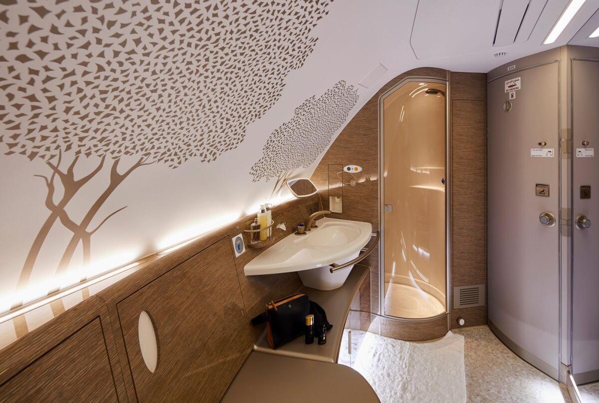 Emirates’ signature ghaf tree motif also features prominently throughout the interiors, including hand-stencilled panels in the first class shower spa. - Supplied photo