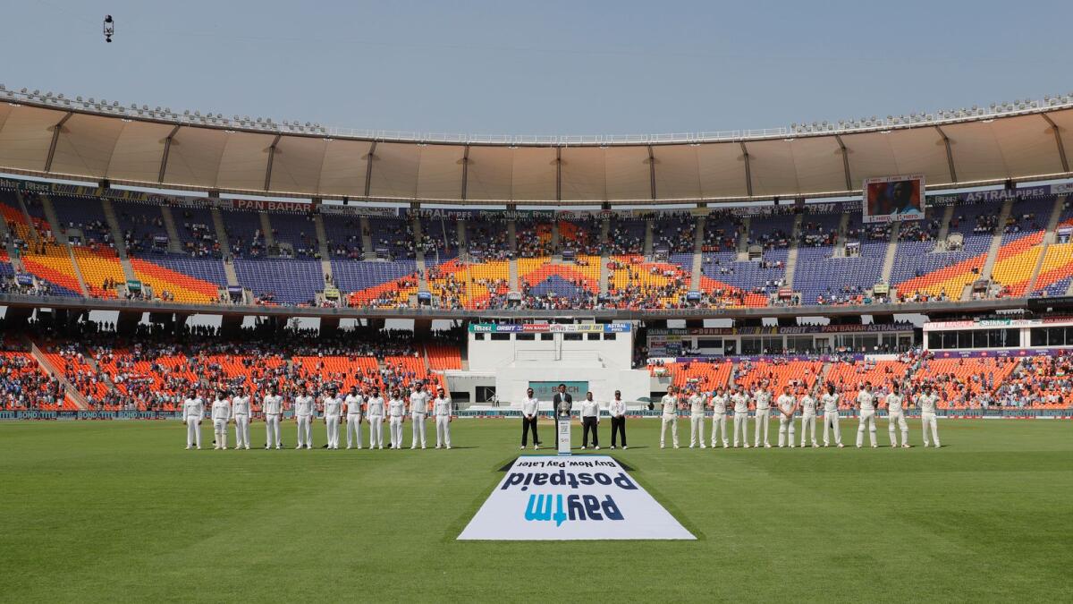 India and England teams before the start of the third Test at the Narendra Modi Stadium in Ahmedabad. (BCCI)