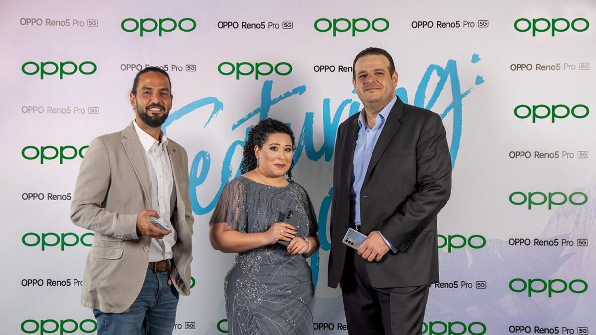 Tarek Zaki, senior product manager at Oppo MEA; Lucy Aziz, senior PR and communication manager for the GCC at Oppo; and Fadi Abu Shamat, director of strategy and product development at Oppo MEA.