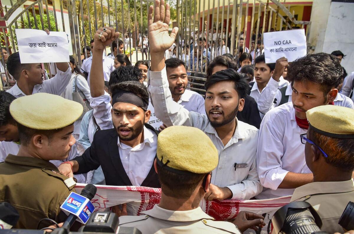 College students protest against CAA a day after the Ministry of Home Affairs notified the rules for implementation of the Citizenship (Amendment) Act in Guwahati on Tuesday. — PTI