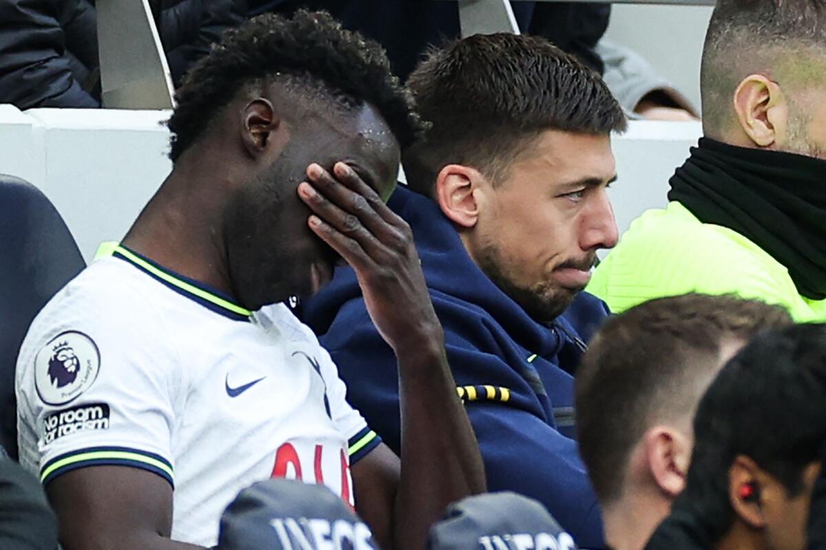 Tottenham Hotspur defender Davinson Sanchez reacts after being substituted during the match Bournemouth. — AFP