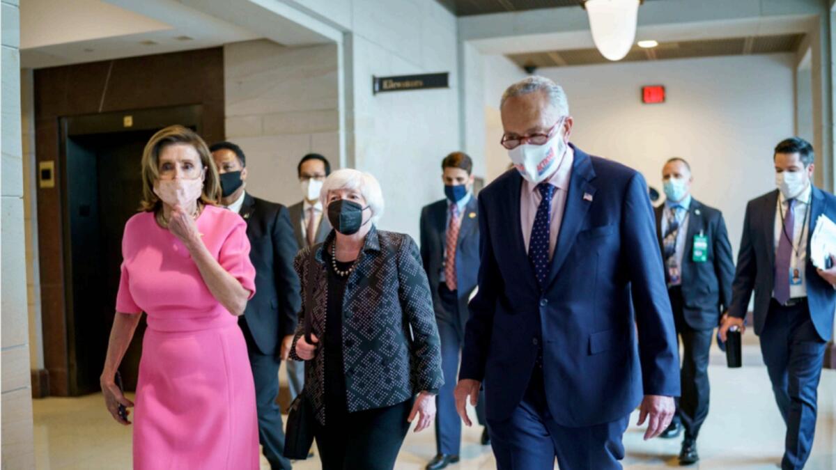 Speaker of the House Nancy Pelosi, Treasury Secretary Janet Yellen and Senate Majority Leader Chuck Schumer at Capitol. — AP