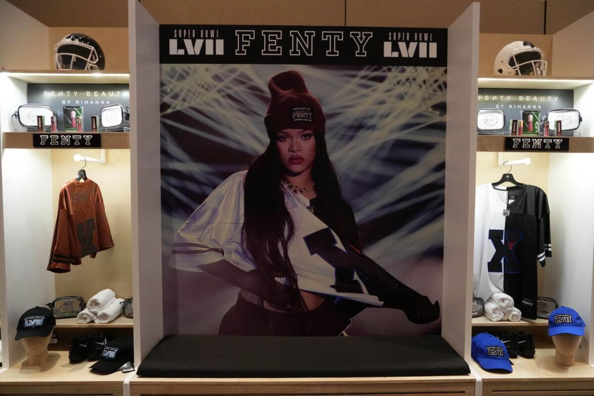 A Savage X Fenty clothing and beauty collection by Rihanna display at the NFL Shop at the Super Bowl LVII Experience at the Phoenix Convention Center.  Credit: Kirby Lee-USA TODAY Sports