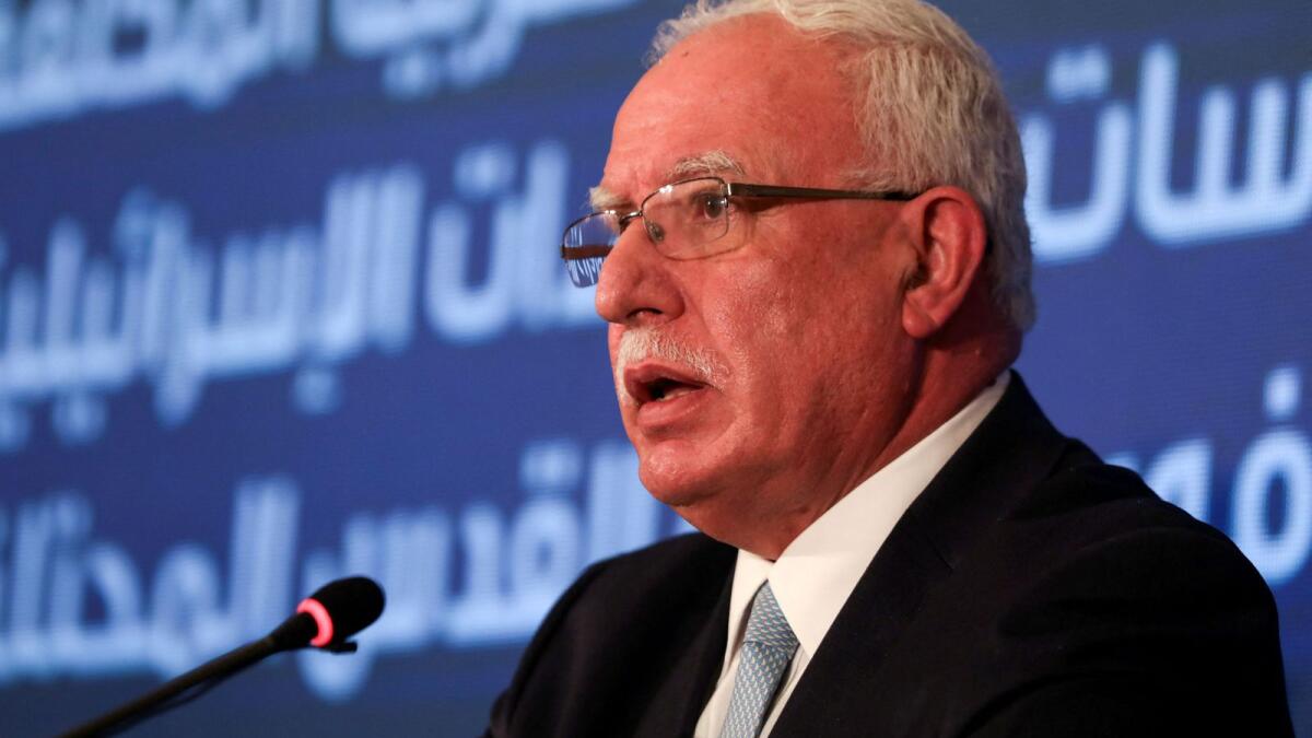 Palestinian Foreign Minister Riyad Al Maliki speaks during a news conference in Amman, Jordan, on April 21, 2022. — Reuters