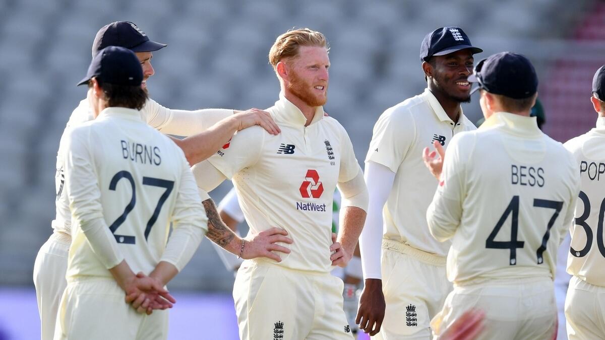 England's Ben Stokes (centre) who didn't bowl in the third Test against the West Indies at Old Trafford last month because of a quad injury, took 2-11 in 20 balls. (AFP)