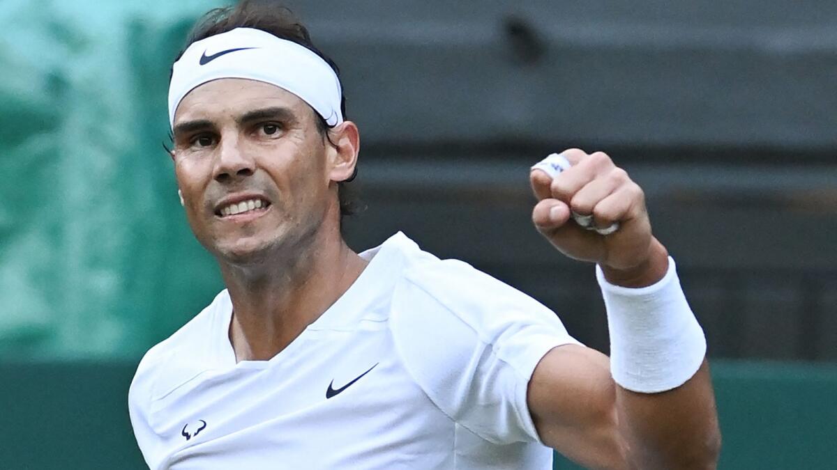 Rafael Nadal celebrates beating Botic Van De Zandschulp on Monday. (AFP)