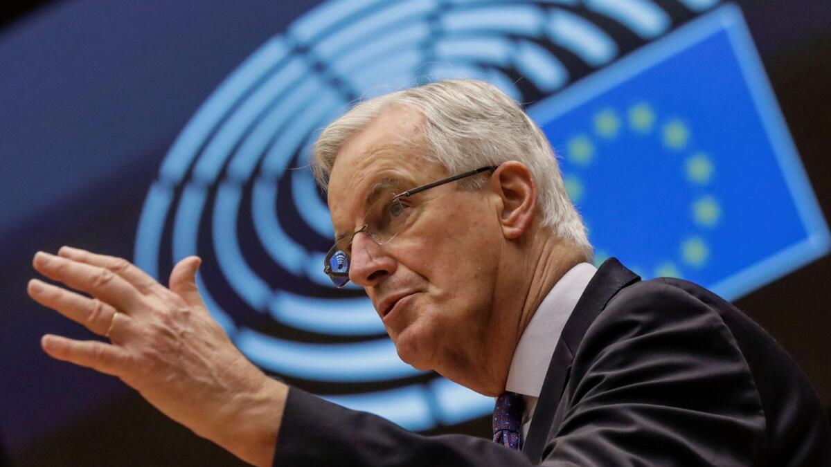 EU chief Brexit negotiator Michel Barnier addresses the European Parliament in Brussels, Belgium December 18, 2020.    Olivier Hoslet/Pool via REUTERS