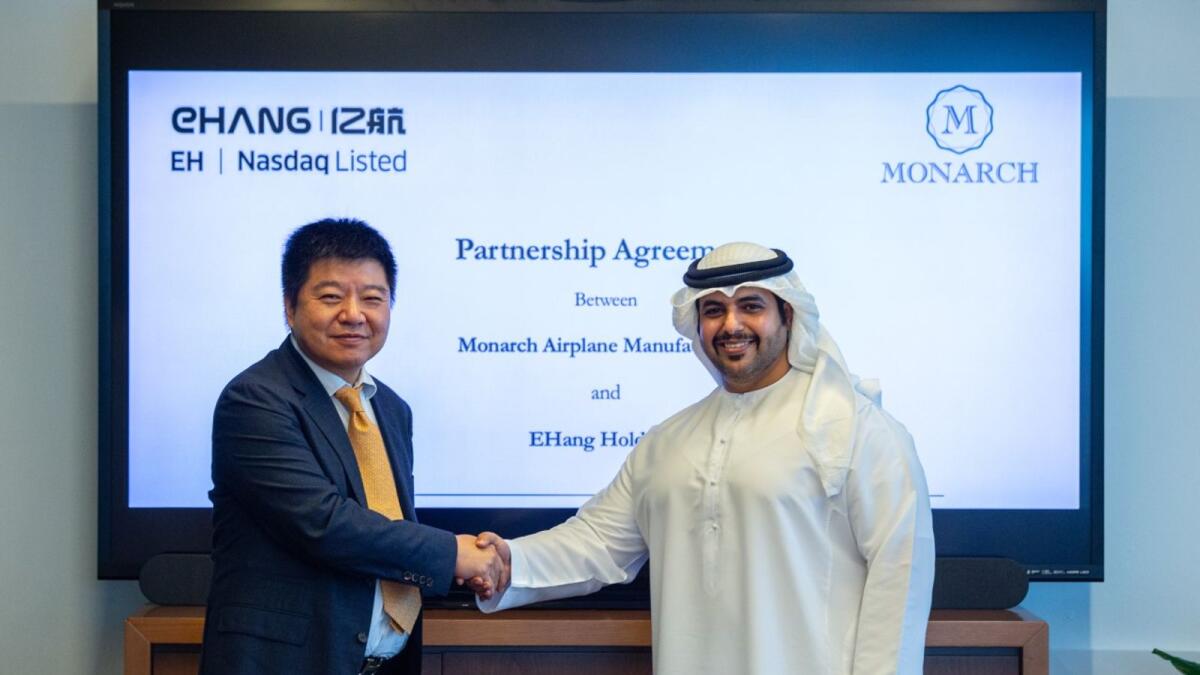 Hussain Ali Alomaeirah, founder and chairman of Monarch, signed the agreement with Yang Nick Ning, board of director of EHang holdings. - Supplied photo