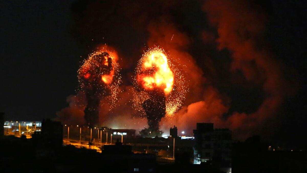 Sparks from an explosion caused by Israeli airstrikes in Gaza City on Saturday.