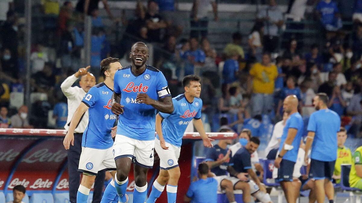 Napoli's Senegal's defender Kalidou Koulibaly (centre) celebrates at the end at of the Serie A match against Juventus. — AFP