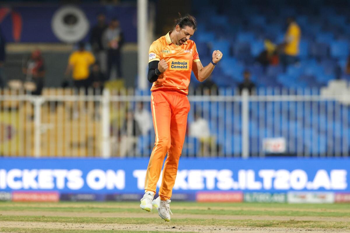 David Wiese of Gulf Giants celebrates the wicket of Evin Lewis of Sharjah Warriors at the Sharjah Cricket Stadium on Monday. — Supplied photo