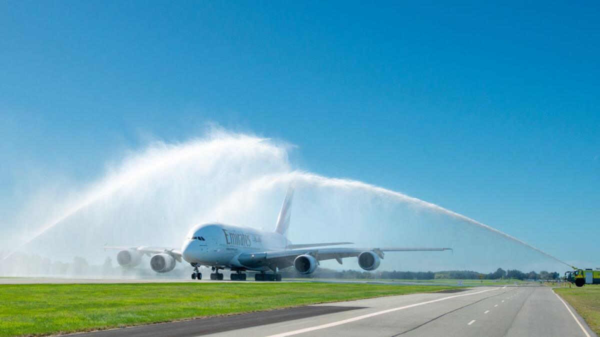 The Emirates A380 being welcomed with a water cannon salute upon arrival in Christchurch. - Supplied photo