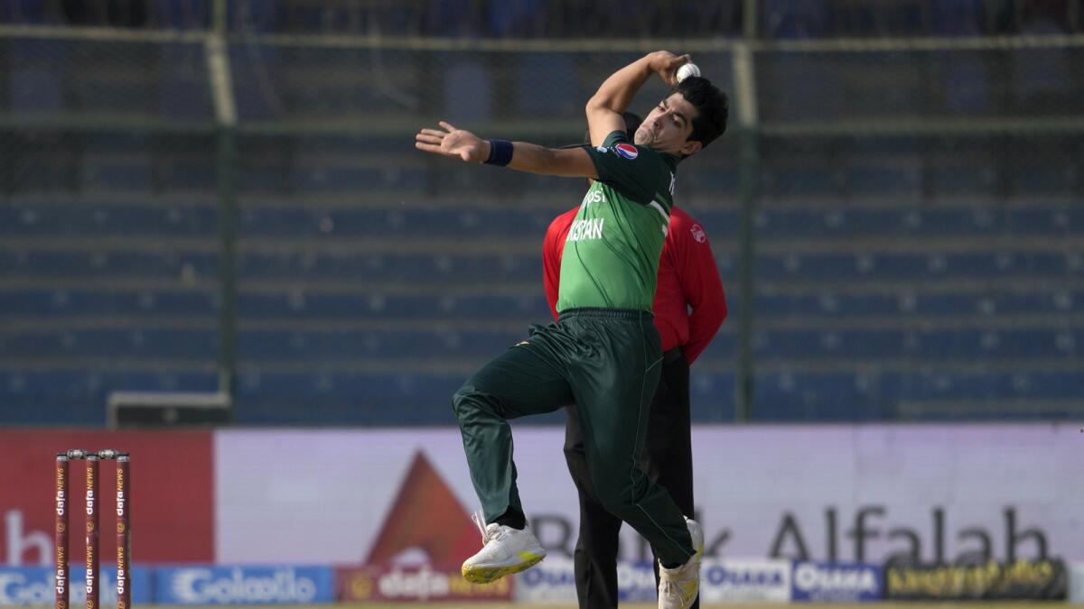 Pakistan's Naseem Shah bowls during the first one-day international cricket match between Pakistan and New Zealand, in Karachi. — AP