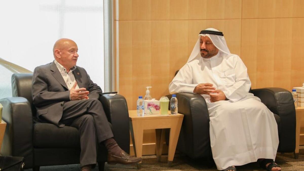 Abdallah Sultan Al Owais, SCCI's chairman; and Vladimir Platonov, chairman of the Moscow Chamber of Commerce and Industry, exchanging views on matters of mutual interest during a meeting at Expo Centre Sharjah. — Supplied photo