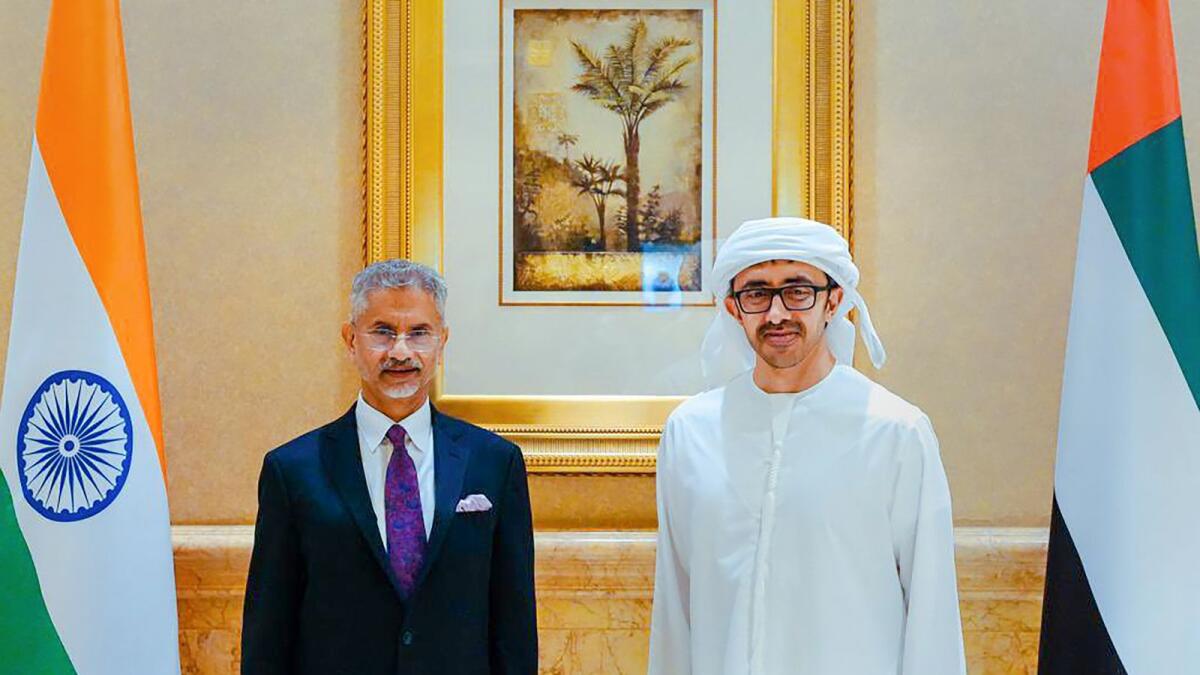 UAE Minister of Foreign Affairs and International Cooperation Sheikh Abdullah bin Zayed Al Nahyan receives his Indian counterpart S Jaishankar  in Abu Dhabi last year. — PTI file