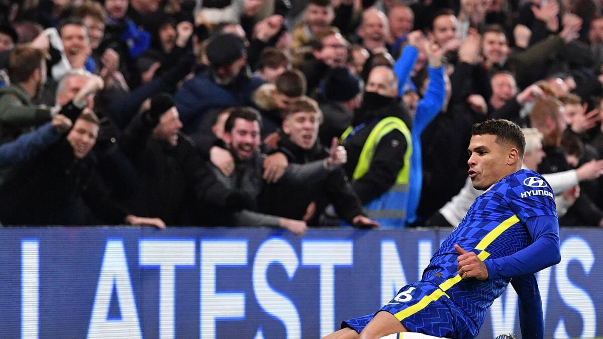 Chelsea’s Thiago Silva celebrates after scoring his team's second goal against Tottenham on Sunday. (AFP)
