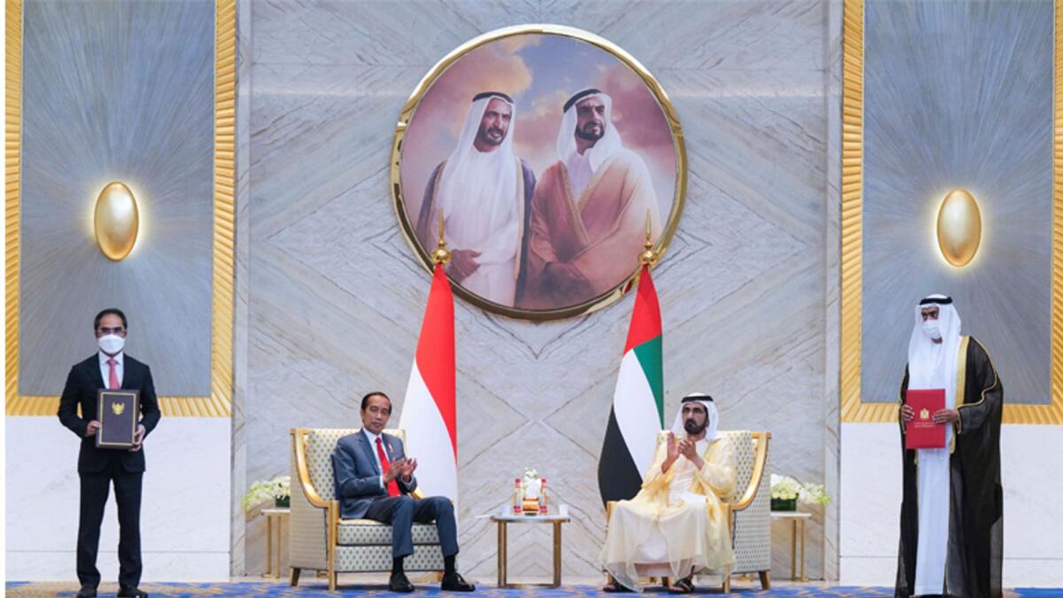 Highness Sheikh Mohammed bin Rashid Al Maktoum, Vice-President and Prime Minister of the UAE and Ruler of Dubai, with Indonesian President Joko Widodo on Thursday. Widodo arrived in Abu Dhabi as part of a three-day visit to the UAE and  plans to visit the Indonesian pavilion and the UAE pavilion at the Expo 2020 Dubai. — Wam