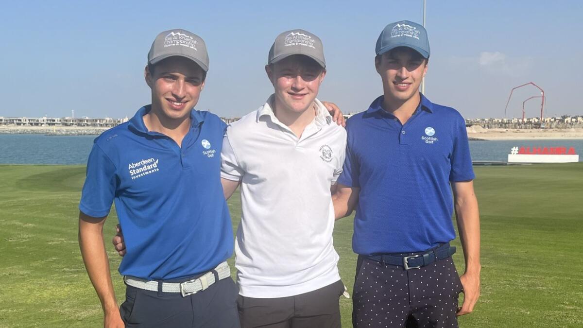 Left to right, brothers Oliver, Cameron and Sam Mukherjee - all at Al Hamra Golf Club, Ras Al Khaimah, on the sidelines of the UAE World Amateur Junior Championship. - Supplied photo