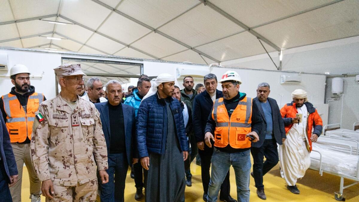 Saeed Thani Hareb Al Dhaheri, Ambassador of the United Arab Emirates to the Republic of Turkey, Brigadier Sarhan M Al Neyadi, Head of the medical corps, Ministry of Defence and district officials from the Turkish government tour the newly inaugurated UAE field hospital in the Hatay area in Turkey on Saturday.