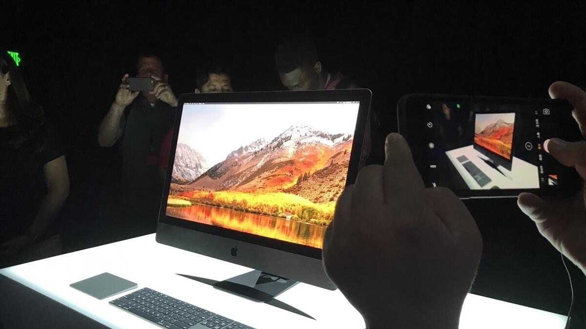 MONSTER: The new 27-inch iMac Pro, featuring up to an 18-core CPU, up to 22 teraflops of computing power, up to 128GB of memory and a new space grey colour, during the media hands-on session of Apple's Worldwide Developers Conference at the San Jose McEnery Convention Center in California on Monday.