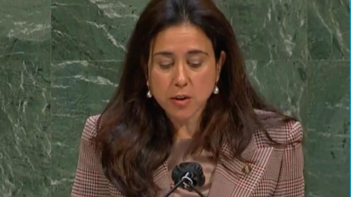 Lana Nusseibeh, UAE's permanent Ambassador to UN, speaking at the UNGA's 75th plenary meeting. Photo: Twitter