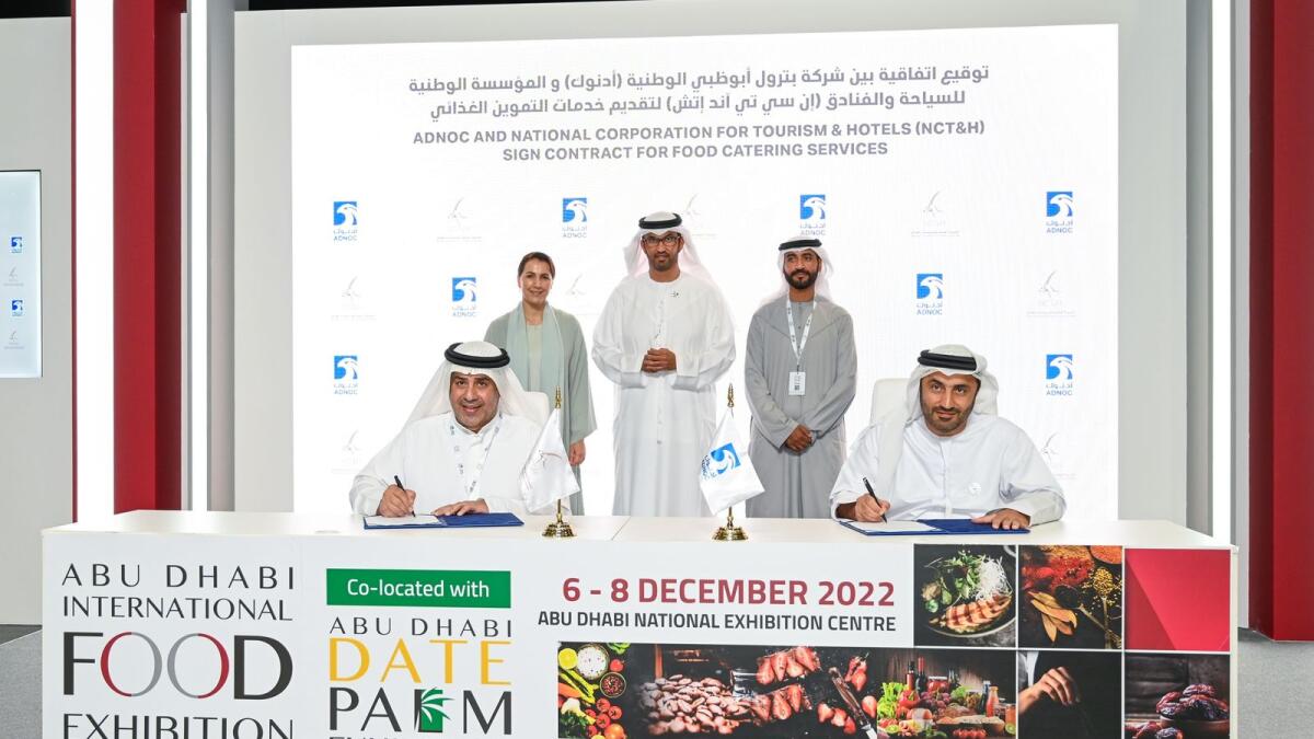 Mohamed Al Qubaisi, Mariam Almheiri, Dr Sultan Al Jaber, Saeed Al Ameri and Dr Saleh Alhashmi at the signing ceremony. — Supplied photo