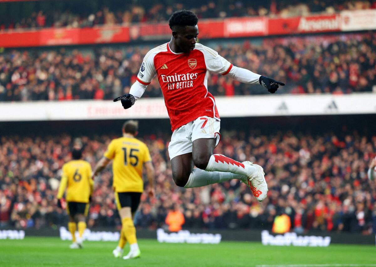 Arsenal's Bukayo Saka celebrates his goal against Wolverhampton Wanderers. — Reuters