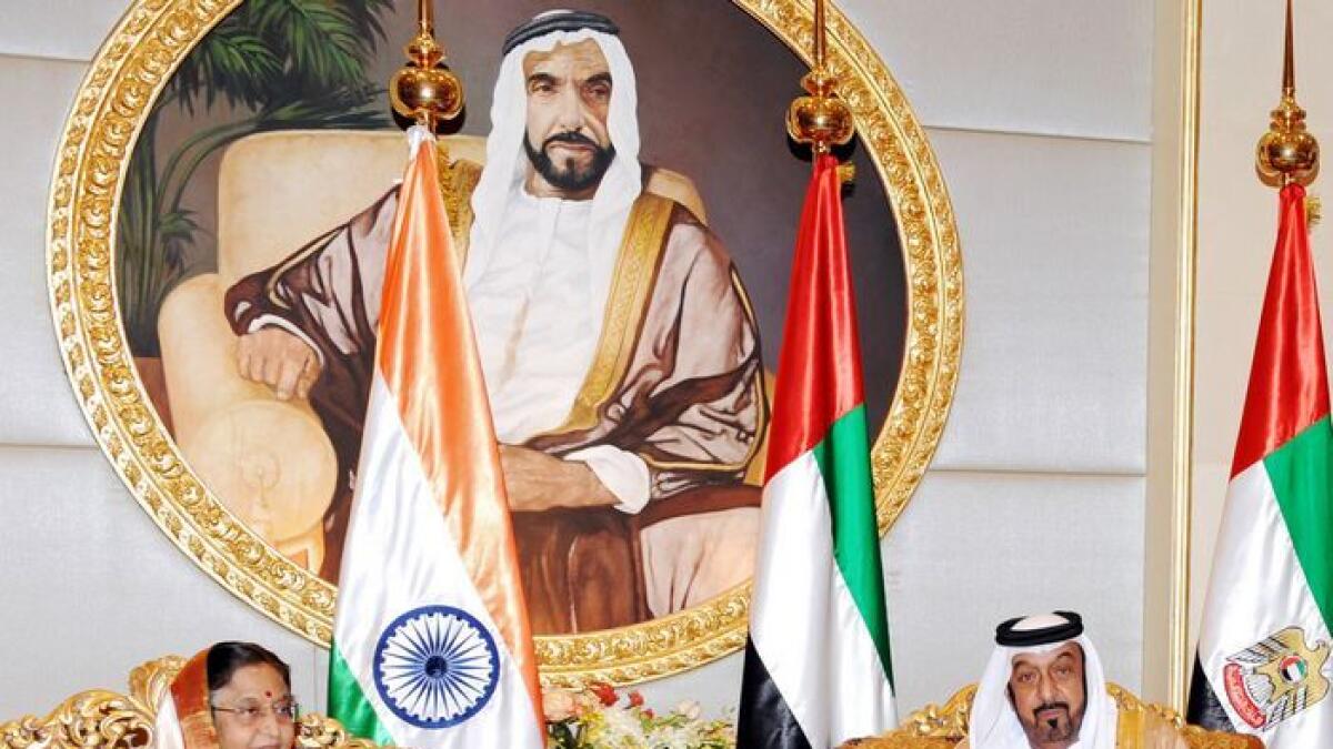 The President, His Highness Shaikh Khalifa bin Zayed Al Nahyan, meets the then Indian president Pratibha Patil, in Abu Dhabi in 2010 during her official visit to the UAE.