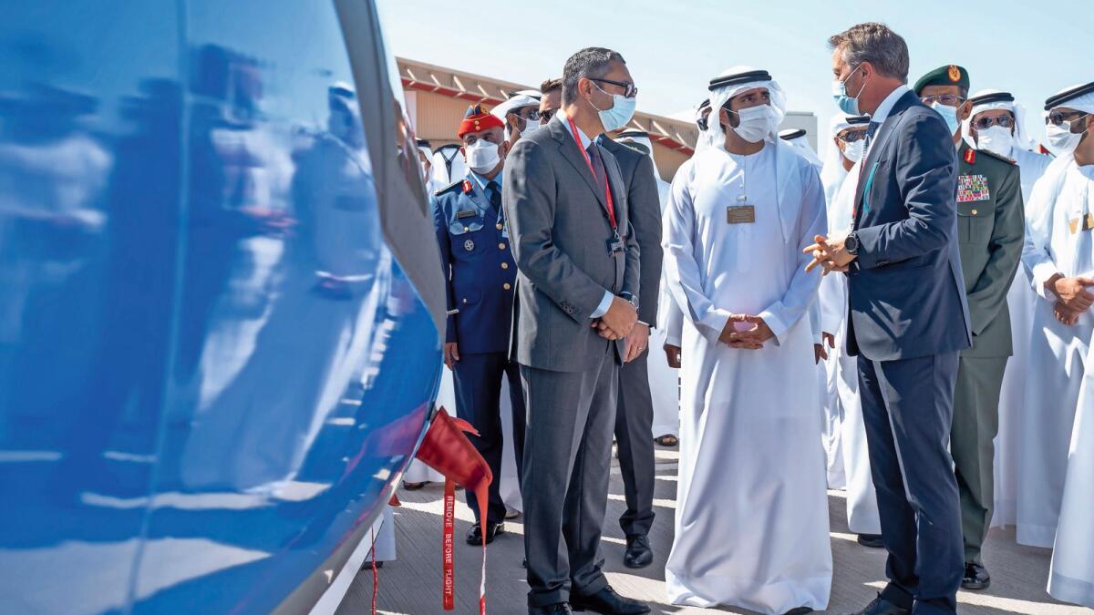 Sheikh Hamdan bin Mohammed bin Rashid Al Maktoum, Crown Prince of Dubai and Chairman of the Executive Council of Dubai, welcomed by Leonardo’s management at the Dubai Airshow 2021.