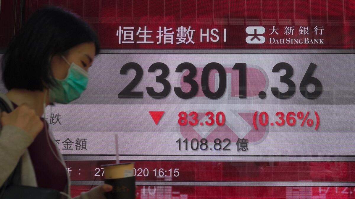 A women wearing a face mask walks past a bank electronic board showing the Hong Kong share index at Hong Kong Stock Exchange. - AP