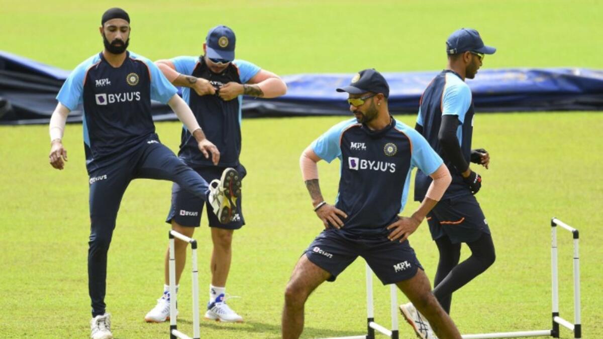 Shikhar Dhawan with his teammates during a training session. (Twitter)