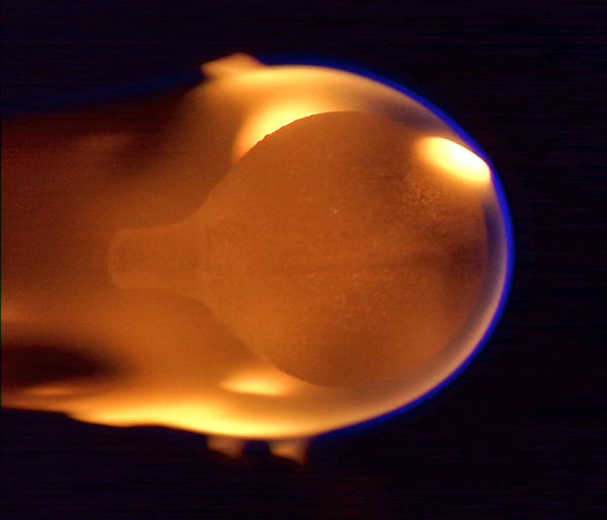 A flame from acrylic burning in microgravity for the first test of SoFIE-GEL on January 13, 2023. Credit: Nasa