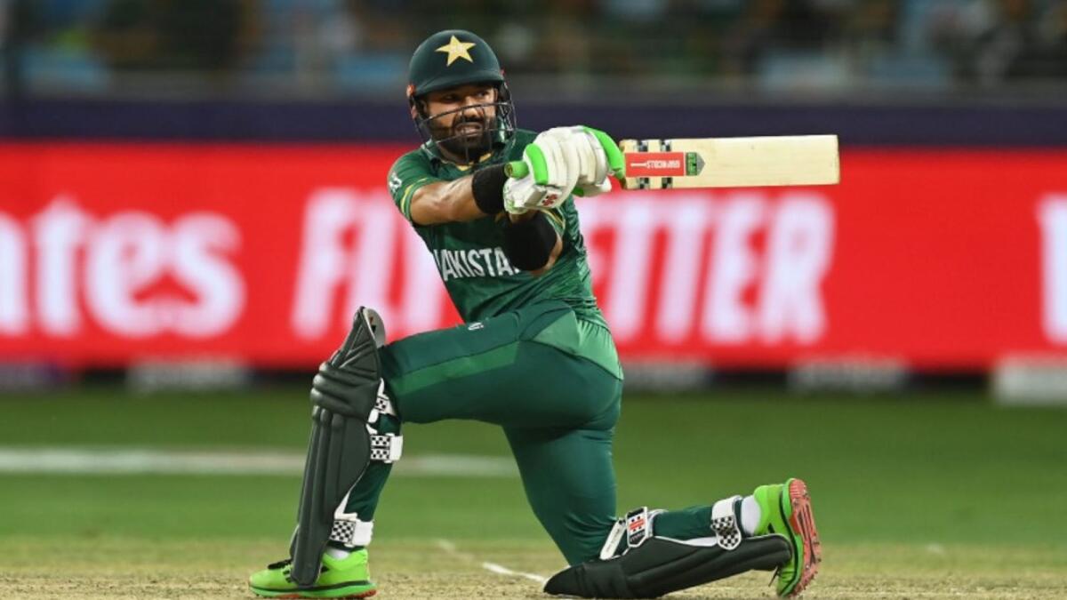 Mohammad Rizwan plays a shot against Australia. (Pakistan Cricket Twitter)