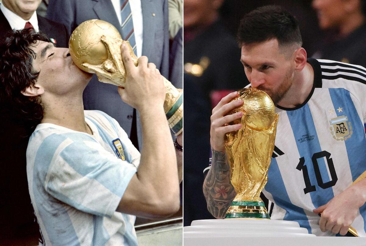 This combination of pictures created on December 18, 2022 shows Diego Maradona (left) kissing the 1986 World Cup trophy and Lionel Messi kissing the 2022 World Cup trophy. — AFP file
